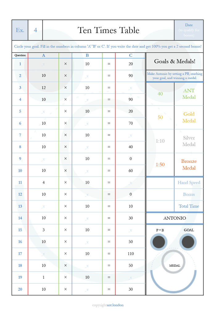 Antonio Multiplication Level 2 - Ten Times Table